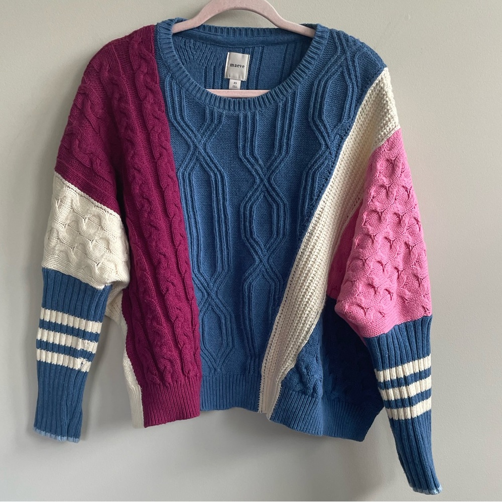 Anthropologie Maeve Colorblock Cable Knit Sweater Oversized Pink Blue Burgundy - Picture 5 of 11
